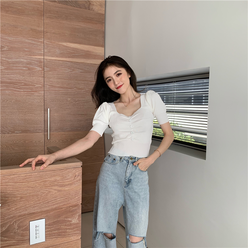 Knitted retro low-cut T-shirt V-neck sexy tops