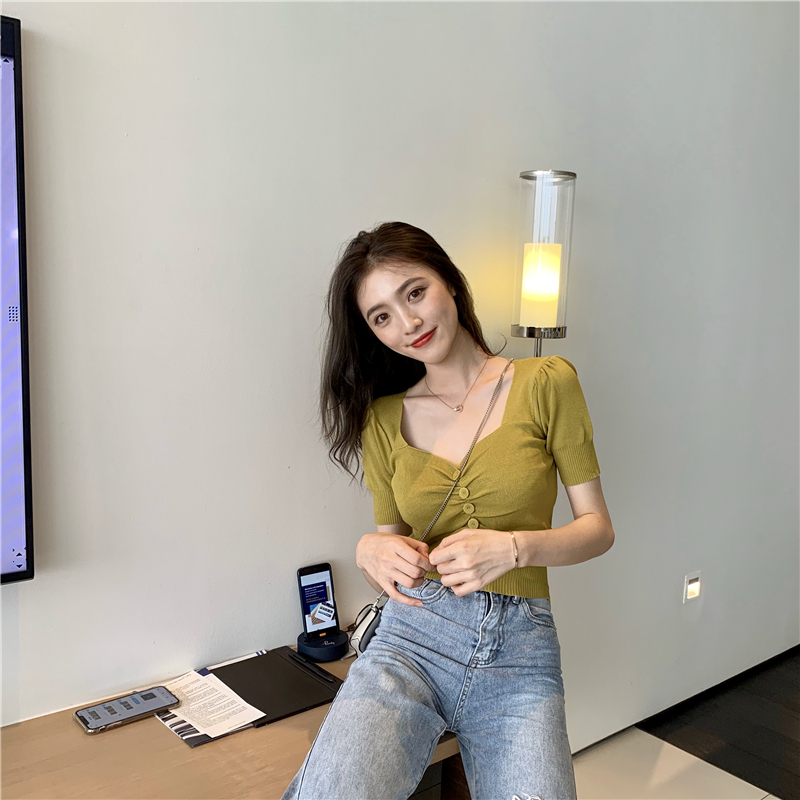 Knitted retro low-cut T-shirt V-neck sexy tops