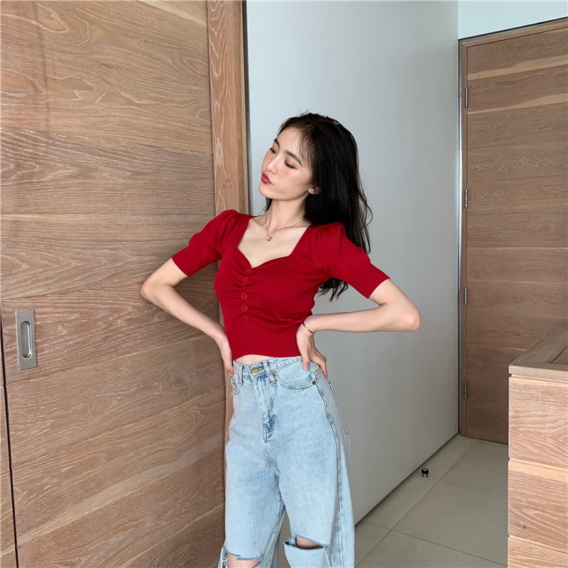 Knitted retro low-cut T-shirt V-neck sexy tops
