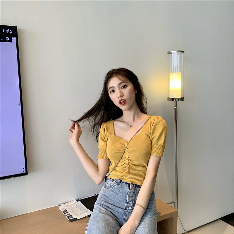 Knitted retro low-cut T-shirt V-neck sexy tops