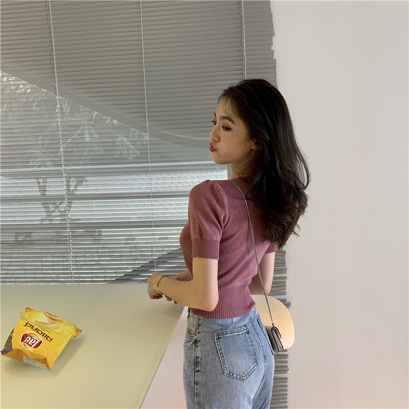 Knitted retro low-cut T-shirt V-neck sexy tops