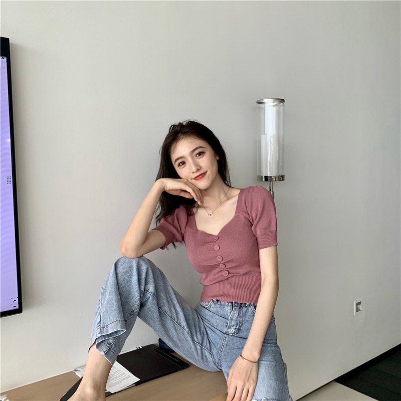 Knitted retro low-cut T-shirt V-neck sexy tops