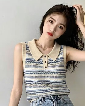Summer stripe flax tops knitted retro sleeveless waistcoat