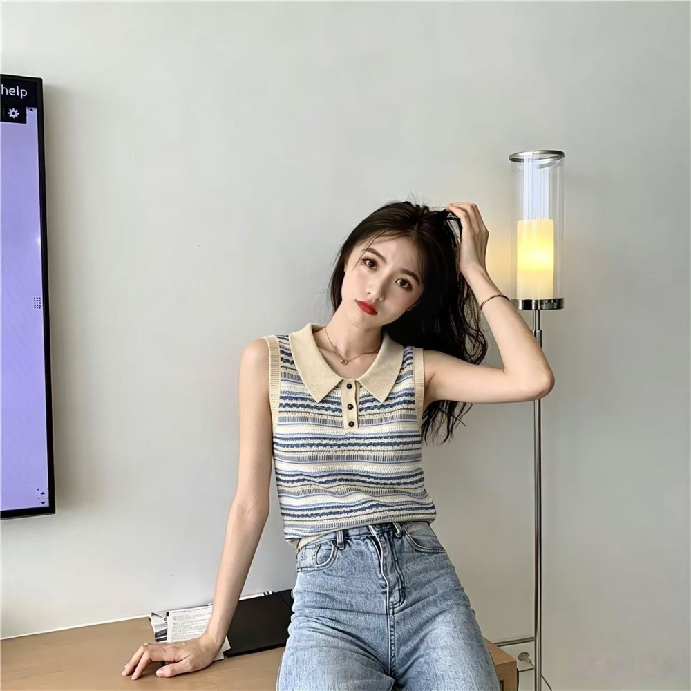 Summer stripe flax tops knitted retro sleeveless waistcoat