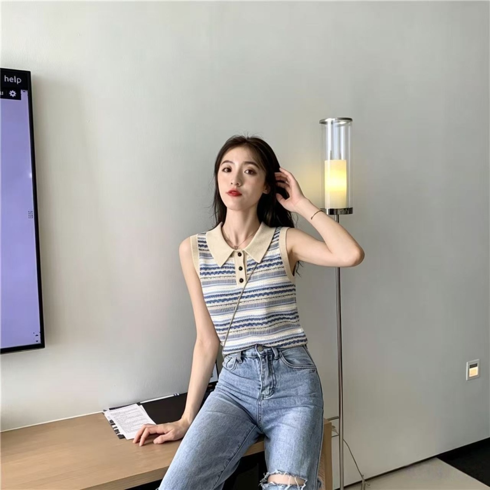 Summer stripe flax tops knitted retro sleeveless waistcoat