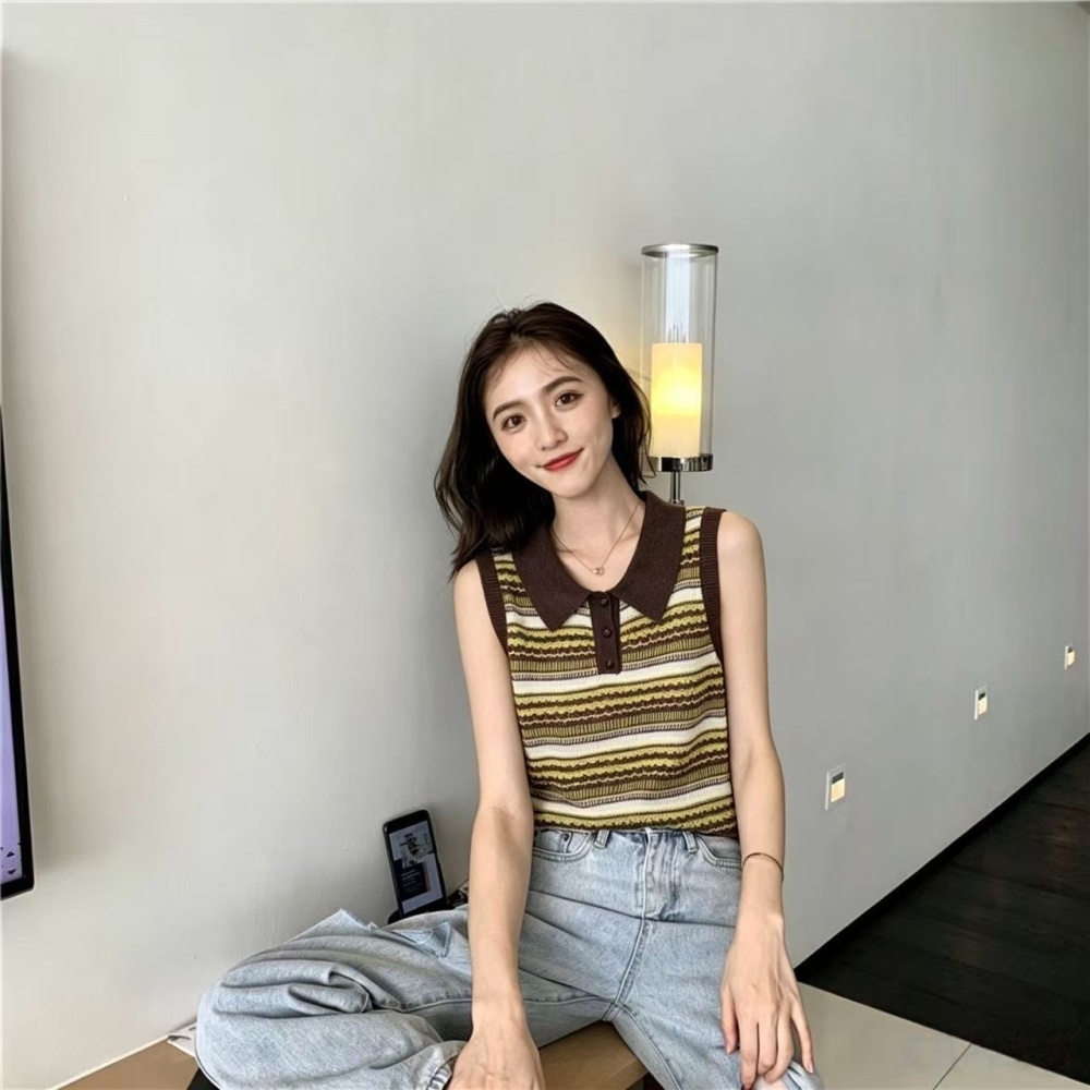 Summer stripe flax tops knitted retro sleeveless waistcoat