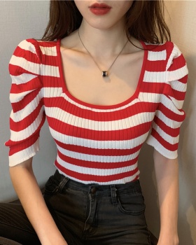 Square collar retro summer slim knitted puff sleeve tops