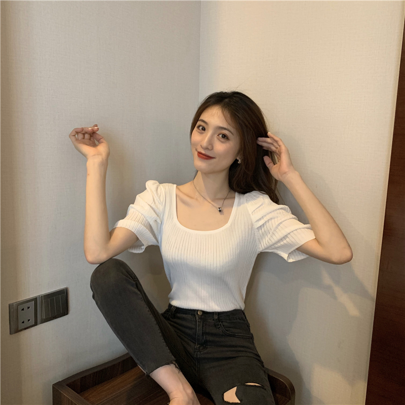 Square collar retro summer slim knitted puff sleeve tops