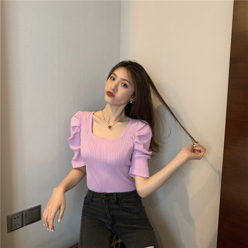 Square collar retro summer slim knitted puff sleeve tops