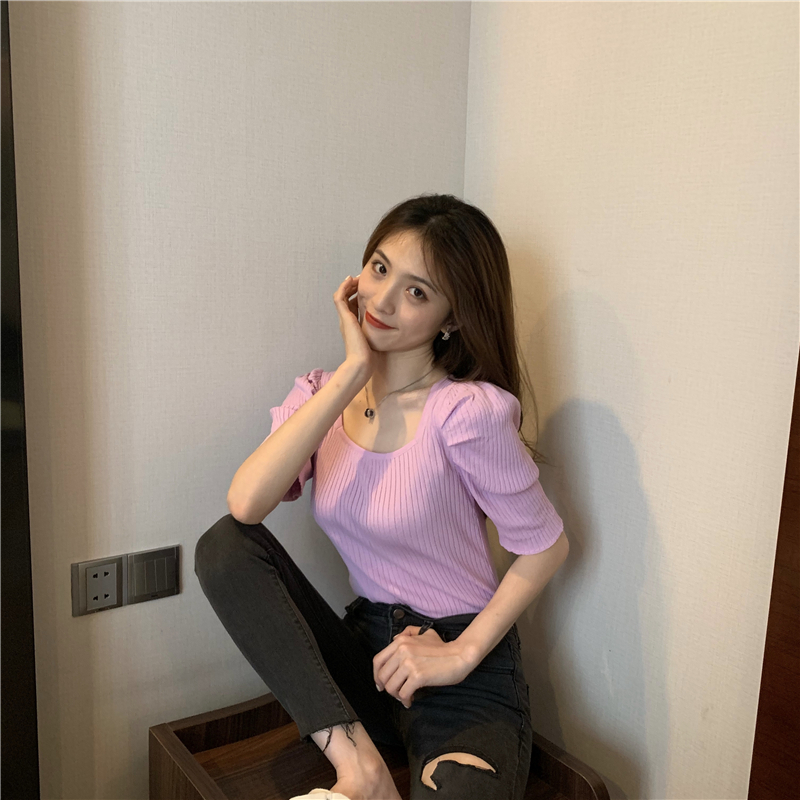 Square collar retro summer slim knitted puff sleeve tops