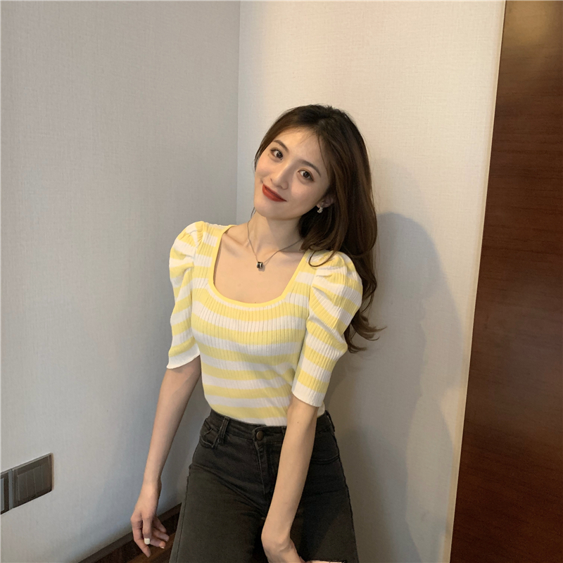 Square collar retro summer slim knitted puff sleeve tops