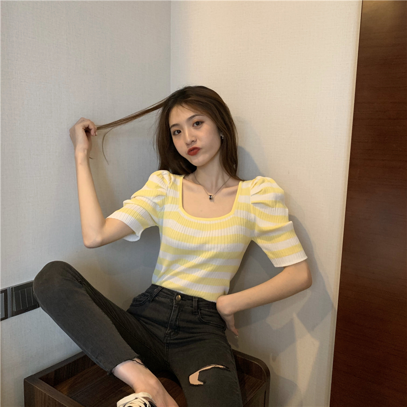 Square collar retro summer slim knitted puff sleeve tops