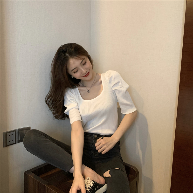 Square collar retro summer slim knitted puff sleeve tops