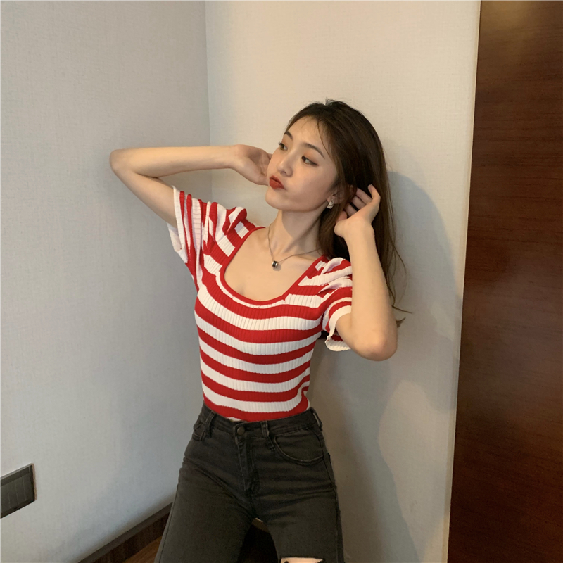 Square collar retro summer slim knitted puff sleeve tops