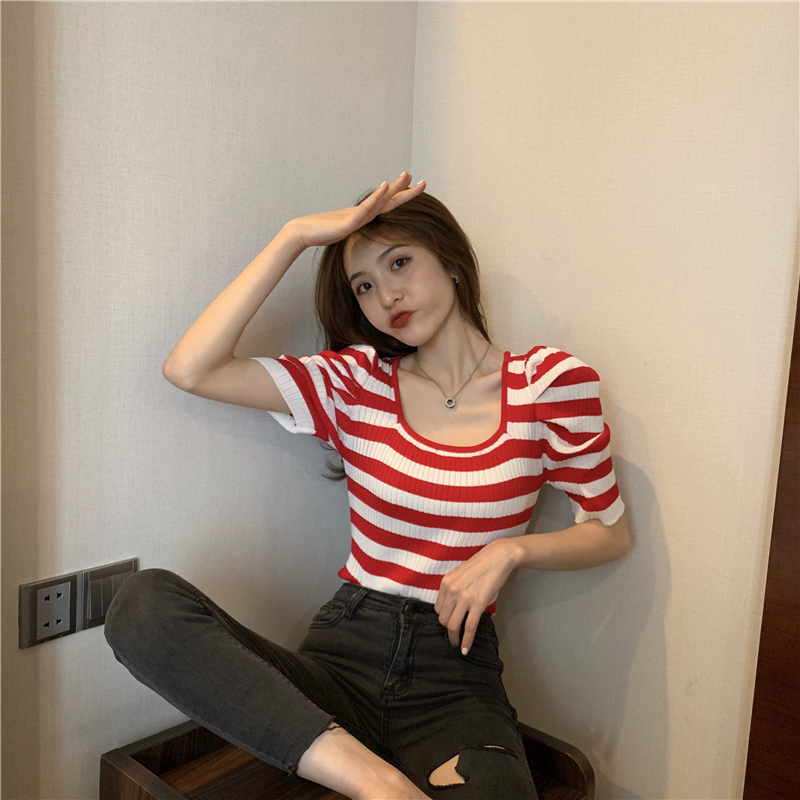 Square collar retro summer slim knitted puff sleeve tops