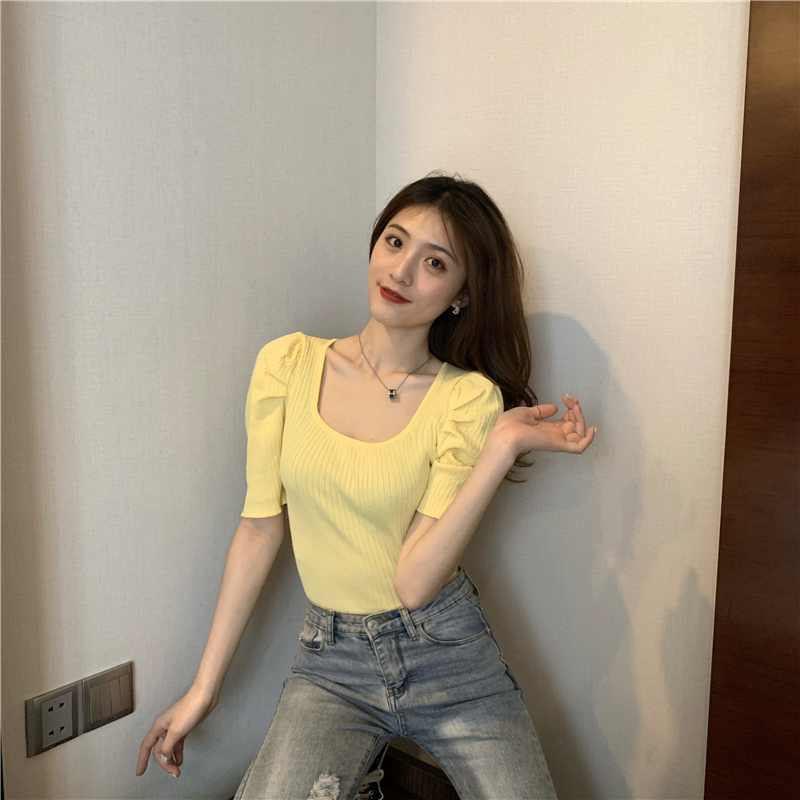 Square collar retro summer slim knitted puff sleeve tops