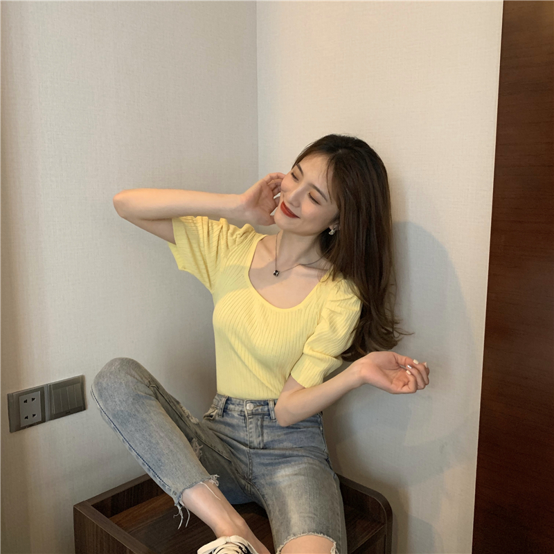 Square collar retro summer slim knitted puff sleeve tops
