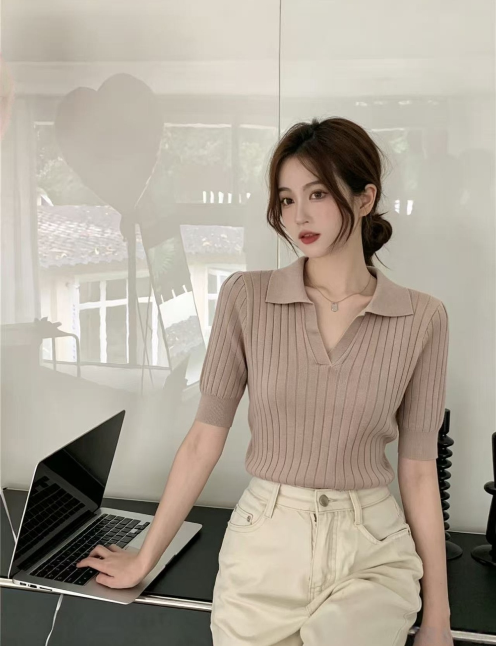 All-match short sleeve knitted commuting simple tops