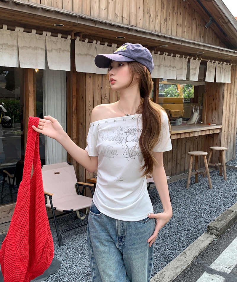 American style retro tops slim T-shirt for women