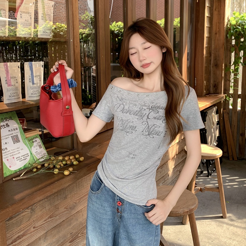 American style retro tops slim T-shirt for women