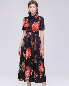 Lapel big skirt sleeveless gauze printing long dress