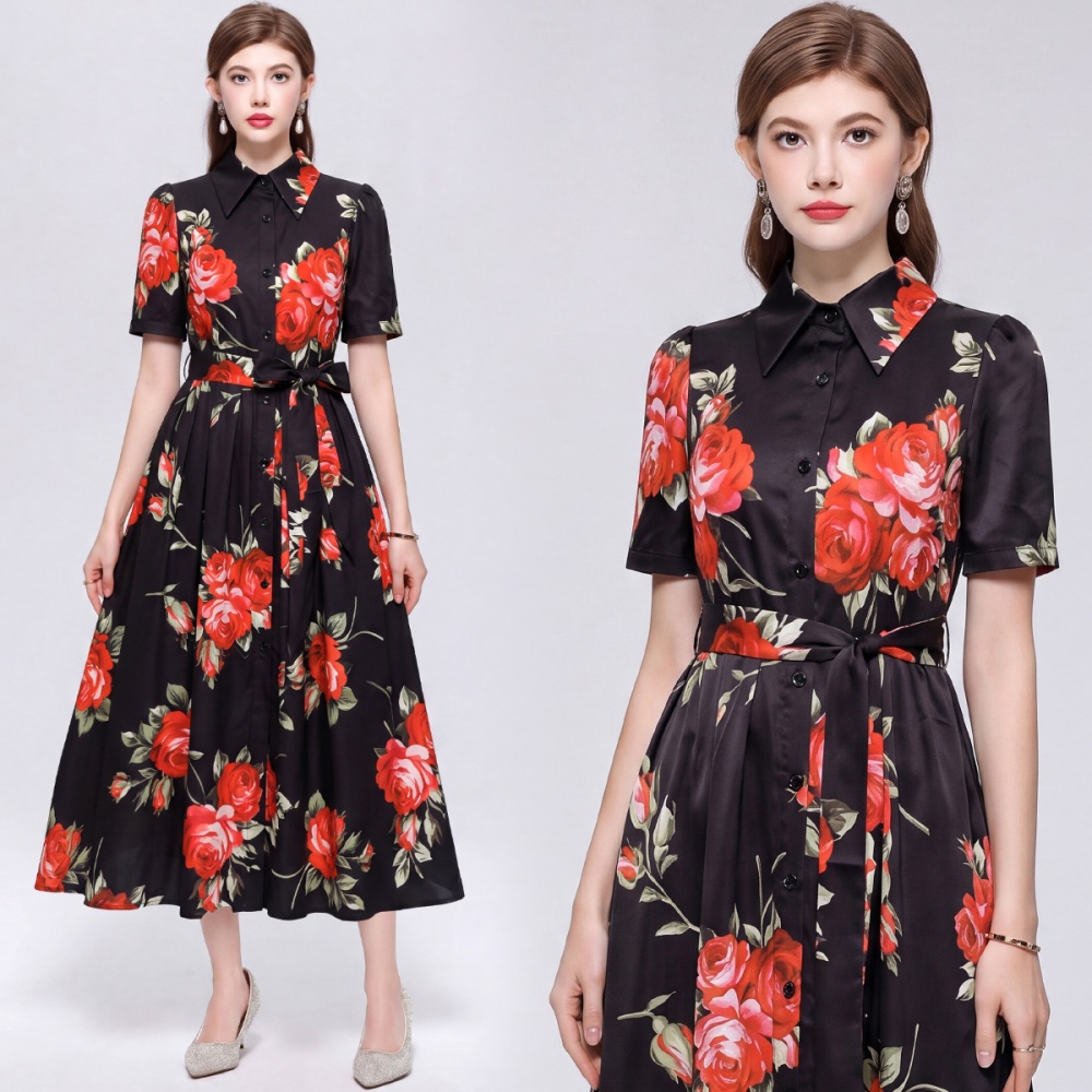 Lapel big skirt sleeveless gauze printing long dress