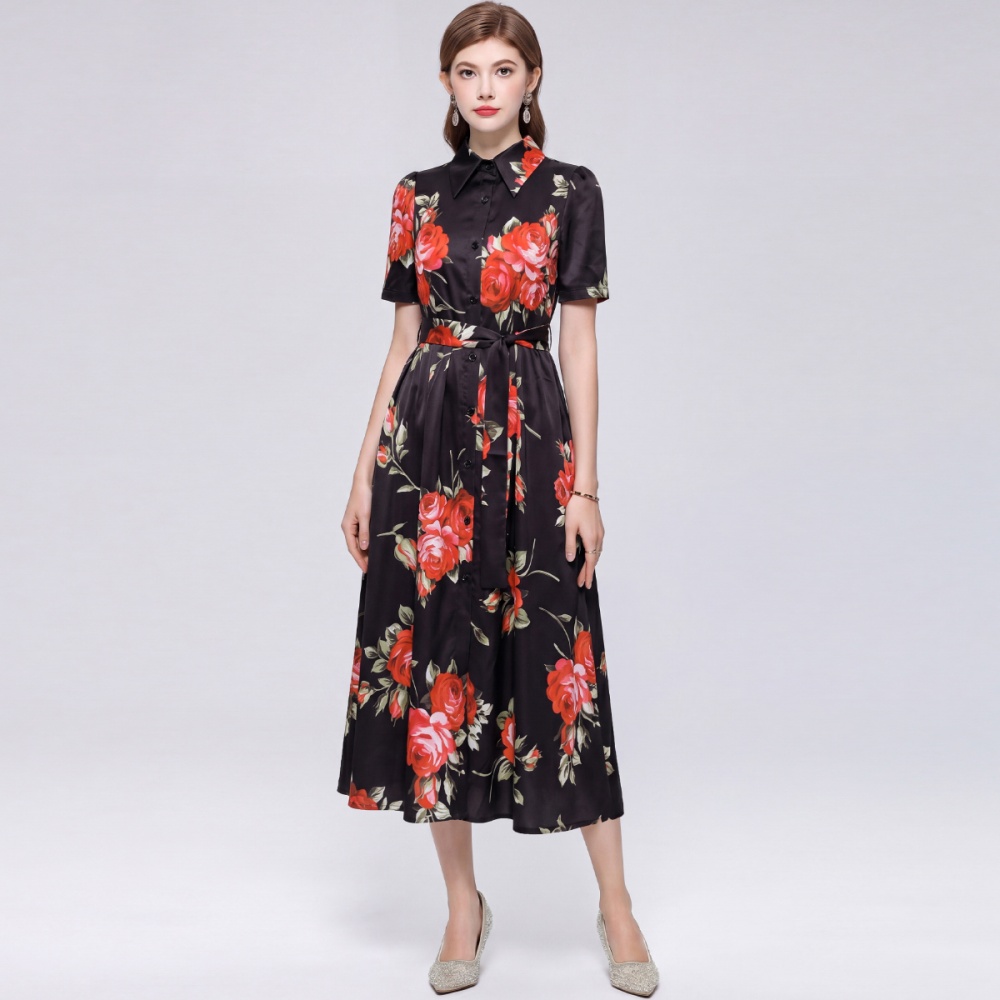 Lapel big skirt sleeveless gauze printing long dress