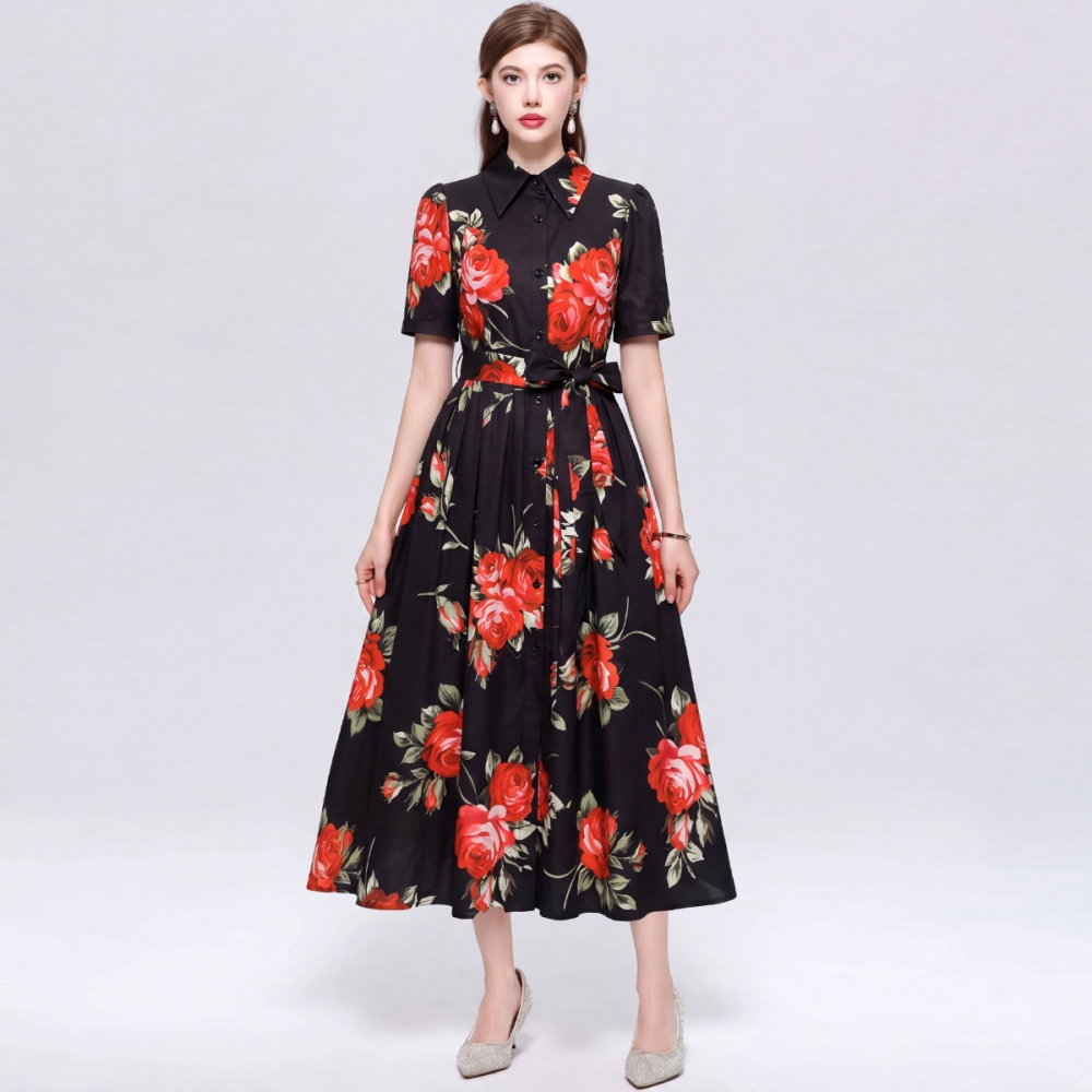 Lapel big skirt sleeveless gauze printing long dress