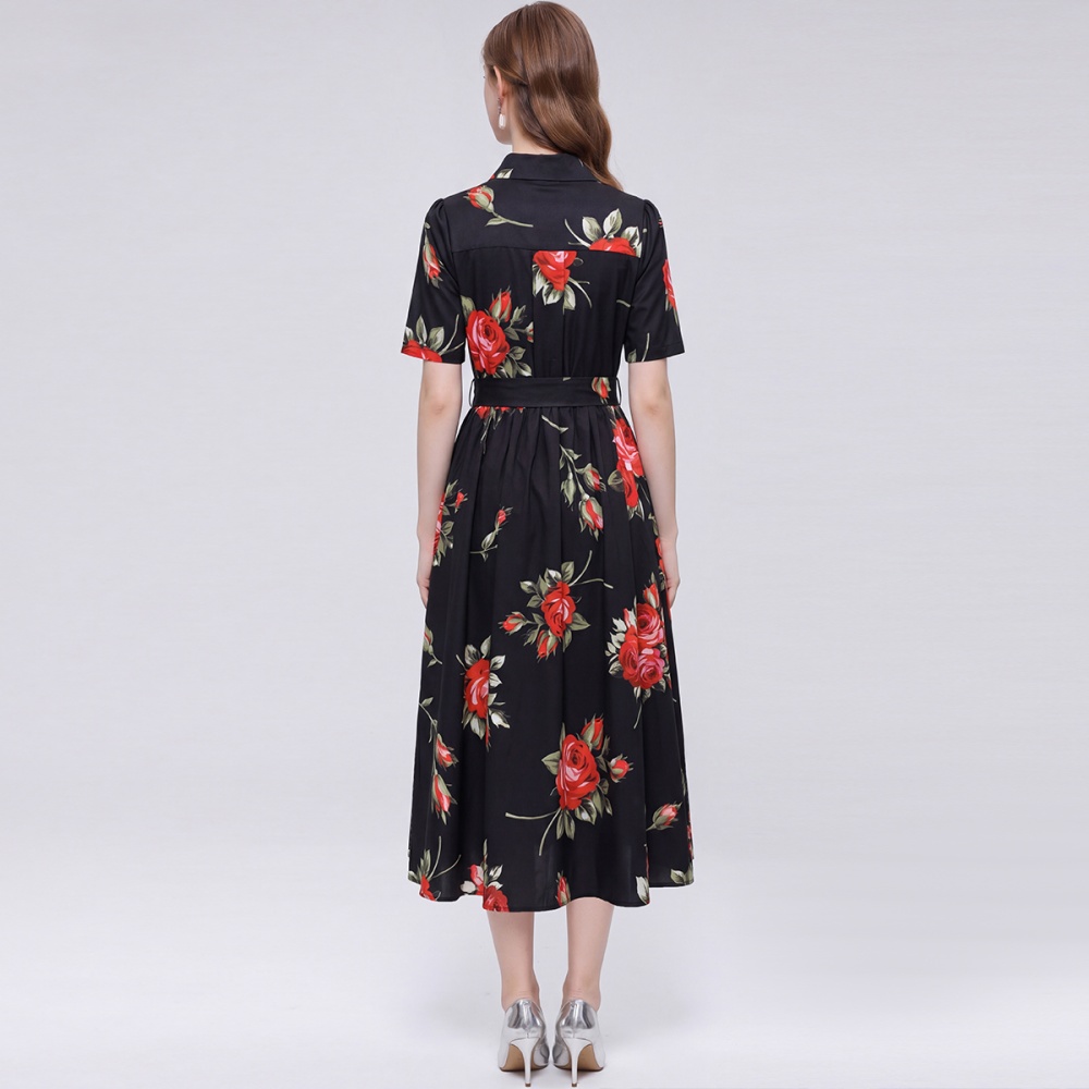 Lapel big skirt sleeveless gauze printing long dress