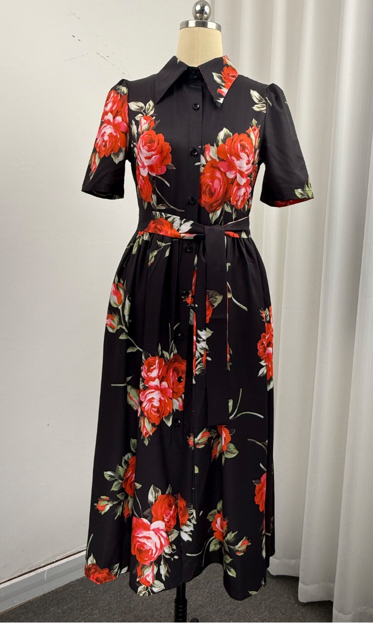 Lapel big skirt sleeveless gauze printing long dress