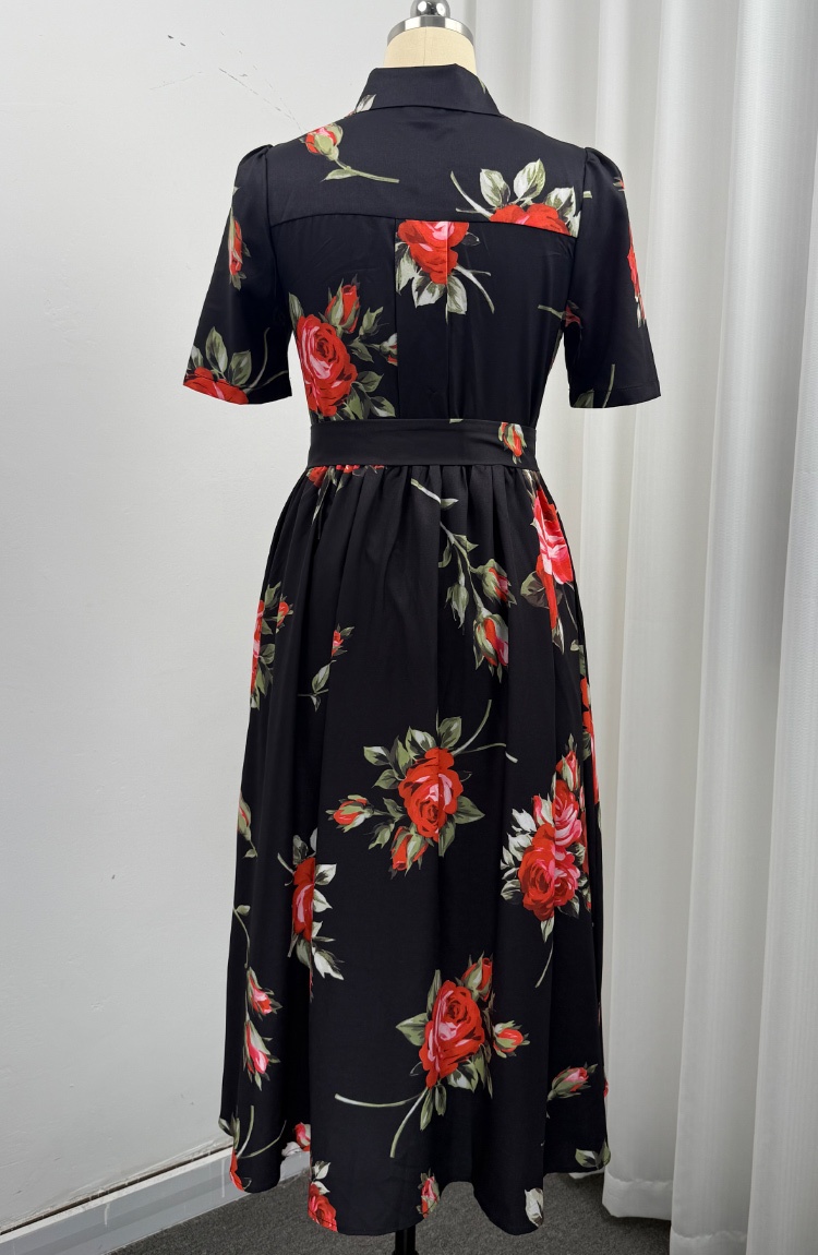 Lapel big skirt sleeveless gauze printing long dress