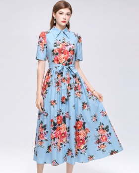 Big skirt slim printing ladies lapel long dress