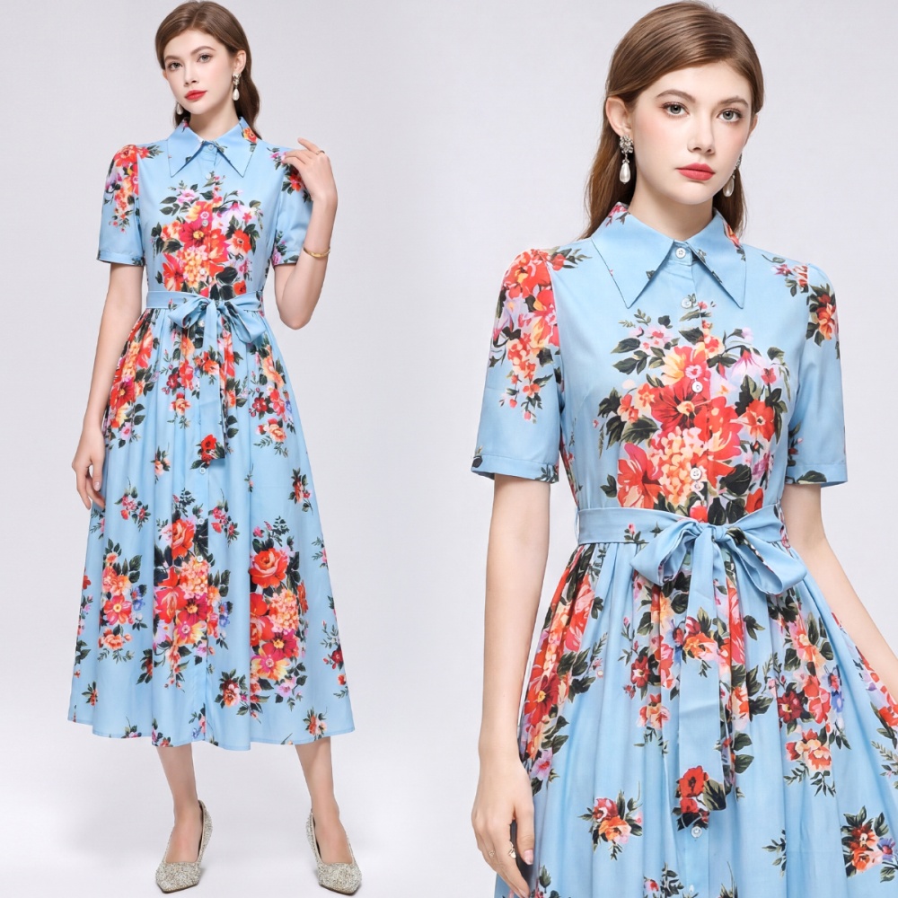 Big skirt slim printing ladies lapel long dress