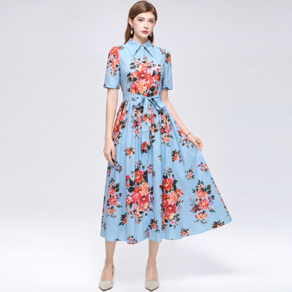 Big skirt slim printing ladies lapel long dress