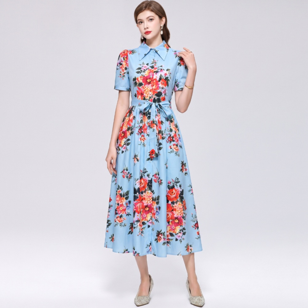 Big skirt slim printing ladies lapel long dress