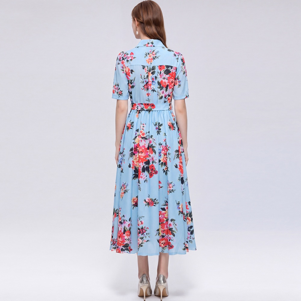 Big skirt slim printing ladies lapel long dress