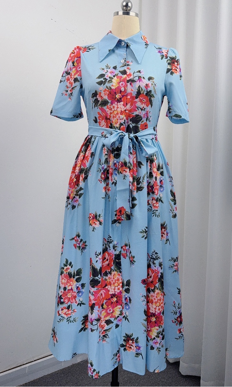 Big skirt slim printing ladies lapel long dress