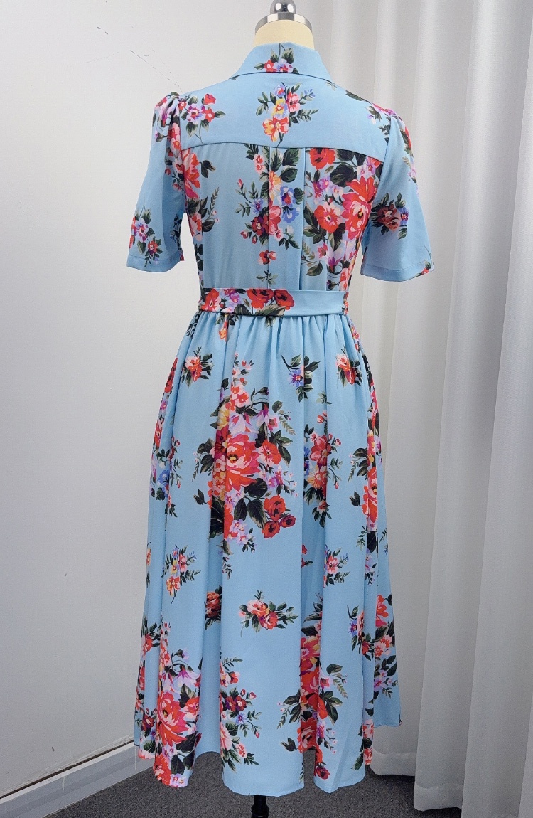 Big skirt slim printing ladies lapel long dress