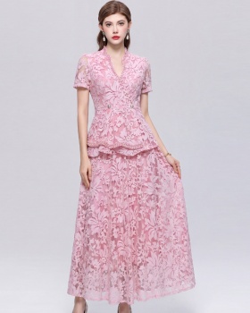 Temperament lace slim elegant pinched waist dress 2pcs set