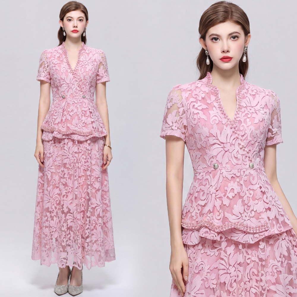 Temperament lace slim elegant pinched waist dress 2pcs set