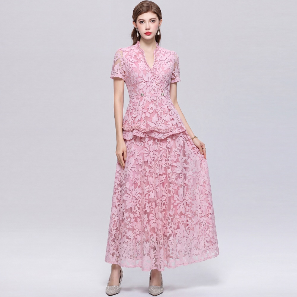 Temperament lace slim elegant pinched waist dress 2pcs set