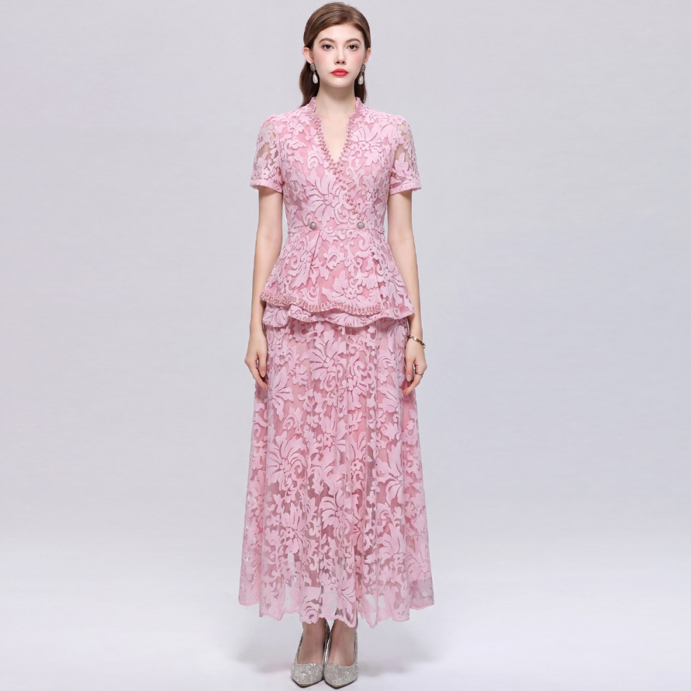 Temperament lace slim elegant pinched waist dress 2pcs set