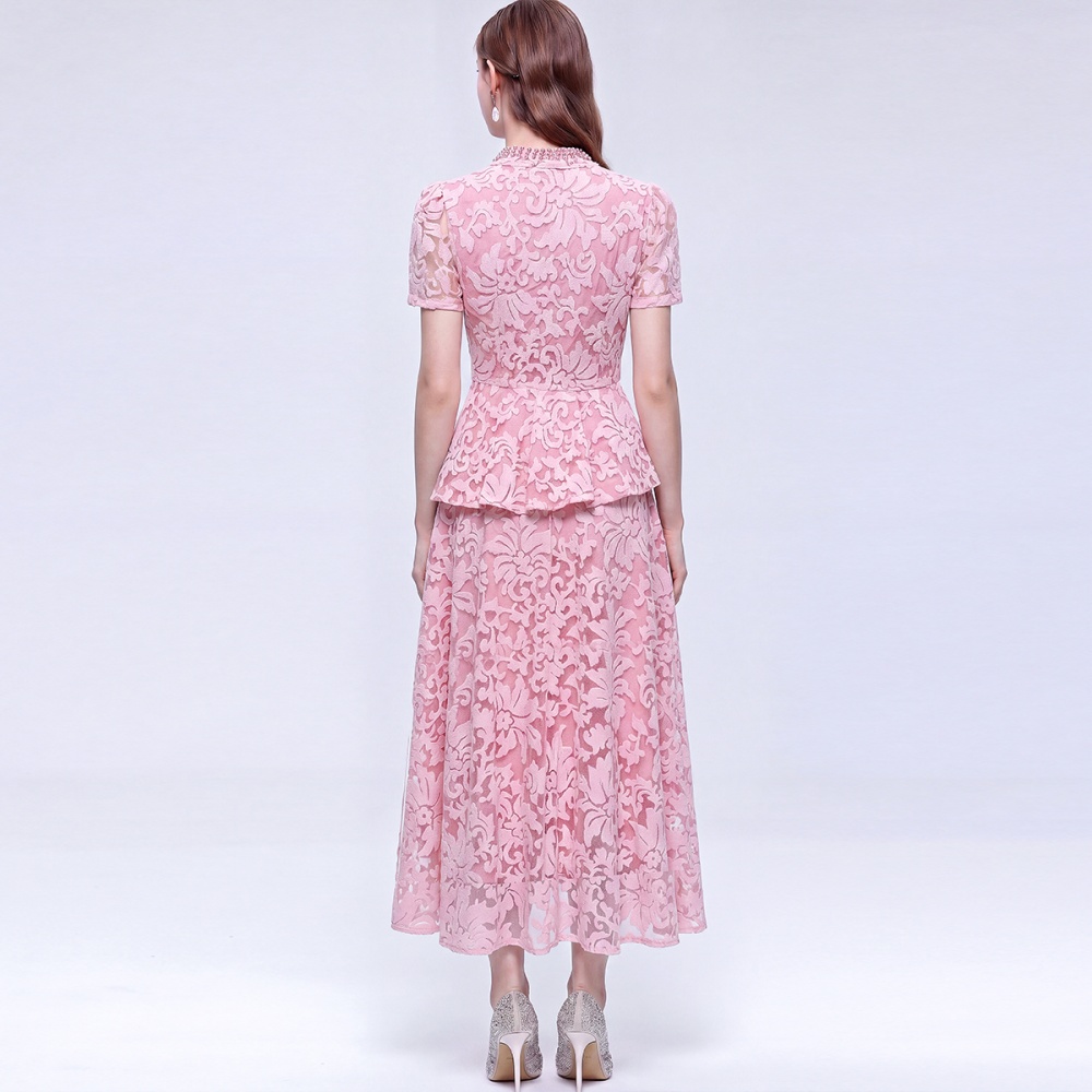 Temperament lace slim elegant pinched waist dress 2pcs set