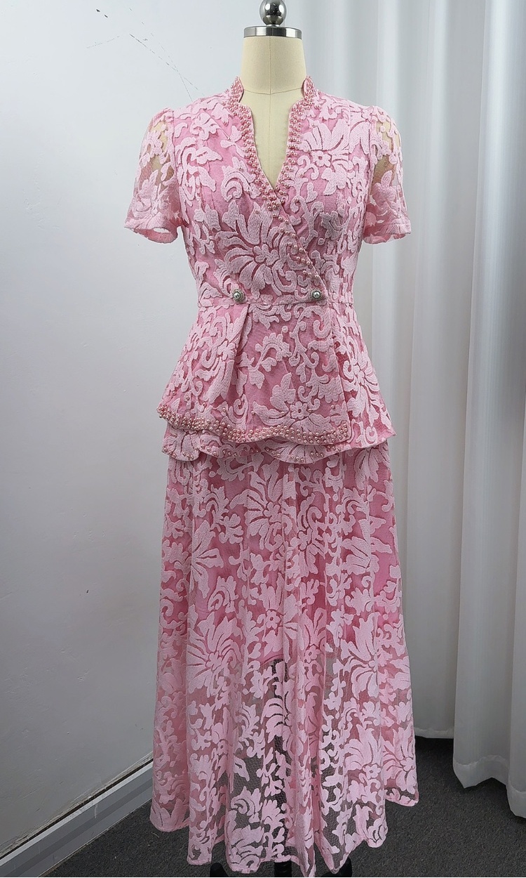 Temperament lace slim elegant pinched waist dress 2pcs set