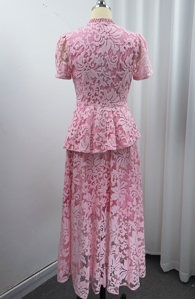 Temperament lace slim elegant pinched waist dress 2pcs set