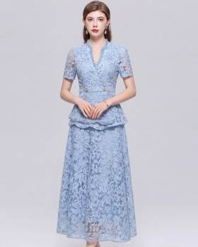 V-neck temperament elegant slim pinched waist dress 2pcs set