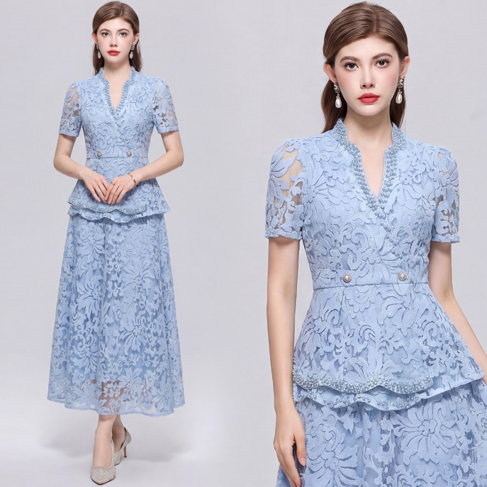 V-neck temperament elegant slim pinched waist dress 2pcs set