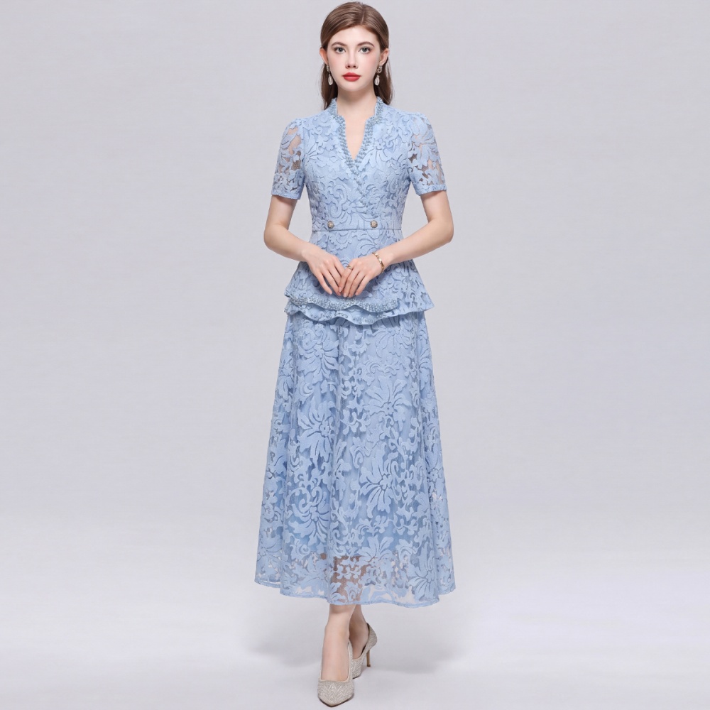 V-neck temperament elegant slim pinched waist dress 2pcs set