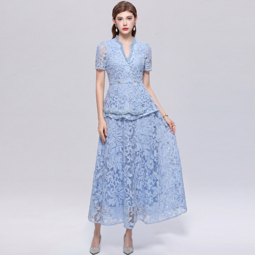 V-neck temperament elegant slim pinched waist dress 2pcs set