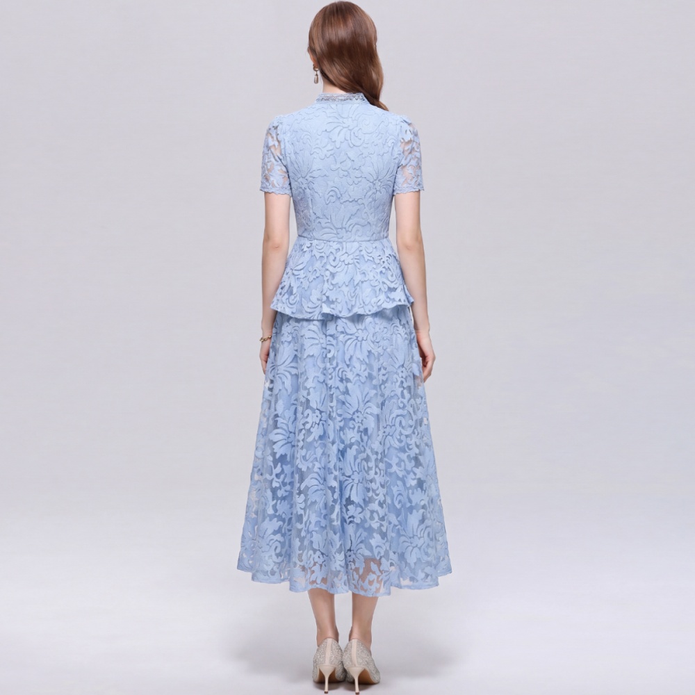 V-neck temperament elegant slim pinched waist dress 2pcs set